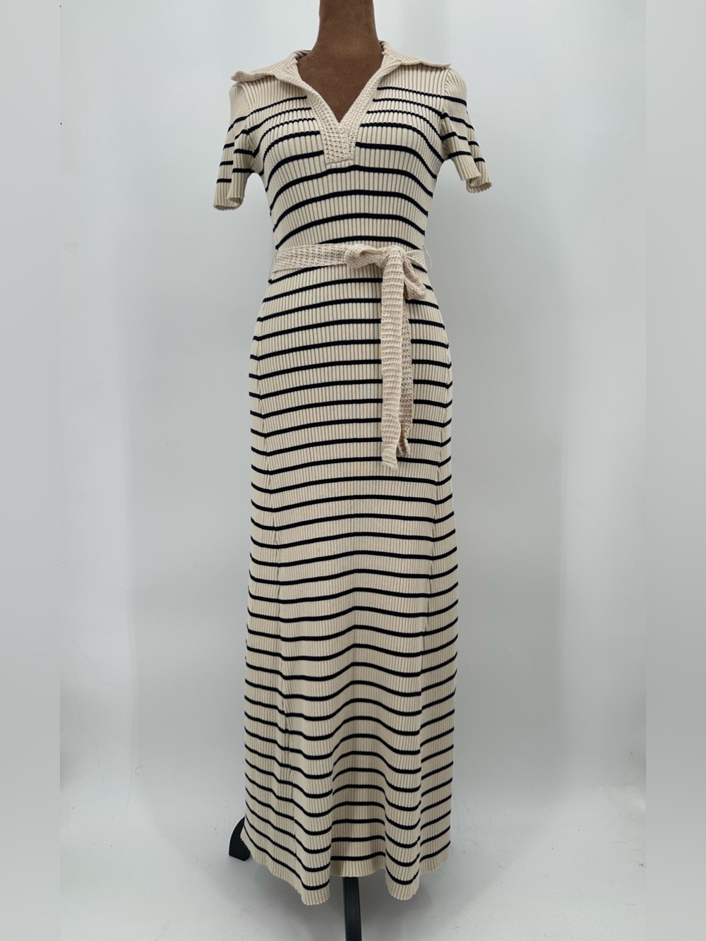 Rachel Zoe Striped Ribbed Knit Maxi Dress Crochet Polo Belted S